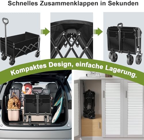 SURFOU Bollerwagen faltbar, 160kg belastbar & 120L Volumen | Mit 360° All-Terrain Reifen | Robustes Stahlchassis & Wette
